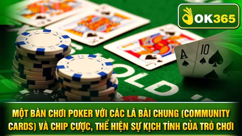 Một bàn chơi Poker với các lá bài chung (community cards) và chip cược, thể hiện sự kịch tính của trò chơi.